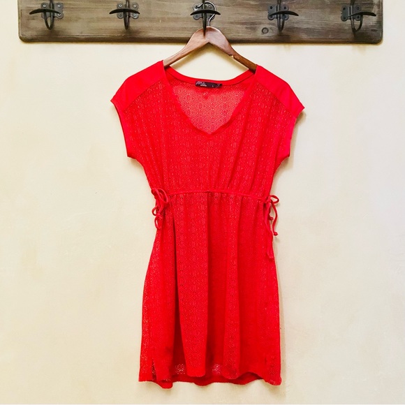 🍒 3/$35 PRANA Cherry Red Mesh ELLIOT Cinch-Tie Waist S/S Cover-Up-L - Picture 5 of 16